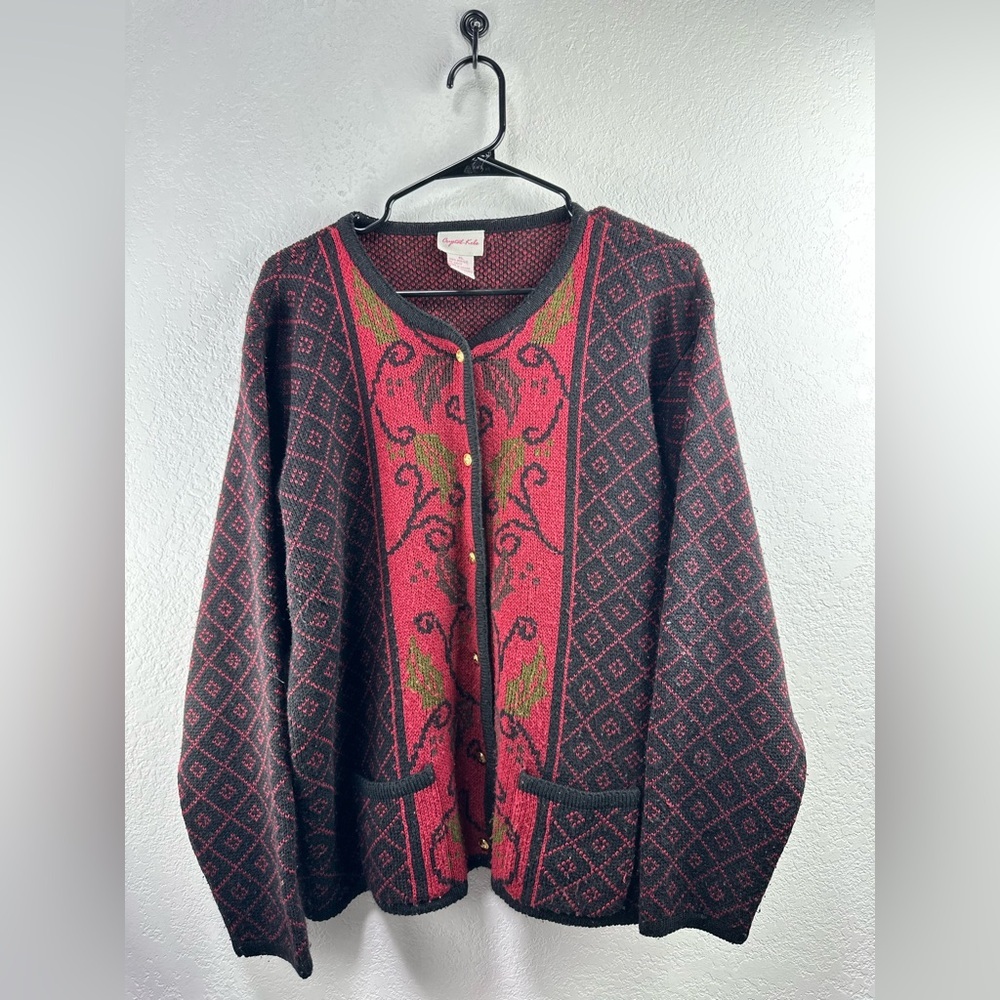 CRYSTAL KOBE Women’s Vintage Black/Red Christmas Print Sweater Cardigan XL
